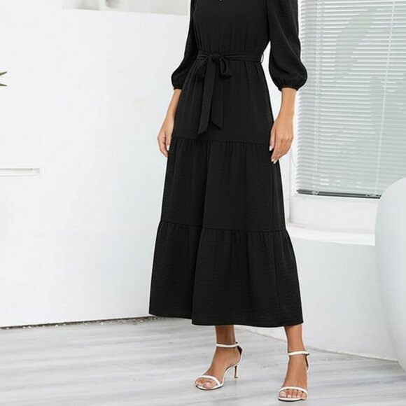 !NEW! DKNY Elegant Black Midi Dress Size 4 with Puffed Sleeves - Picture 3 of 6